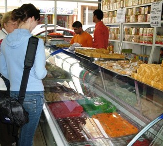 The sweetmeat counter at Shaheen Bakery
