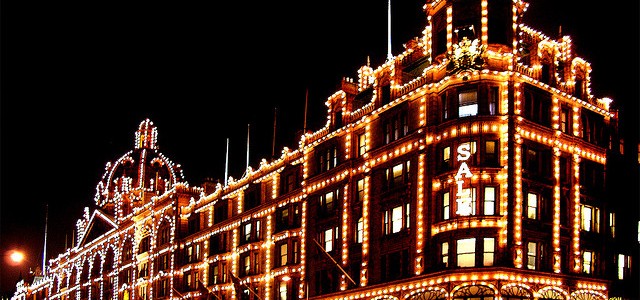 Harrods exterior at night