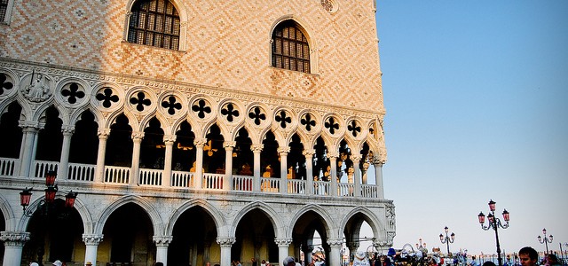 Facade of the Doges palace at sunset