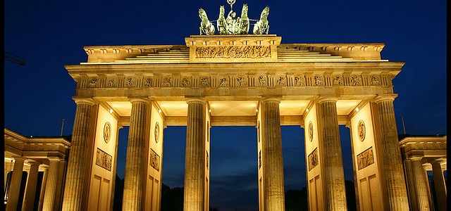 Brandenburg Gate Berlin at night floodlit