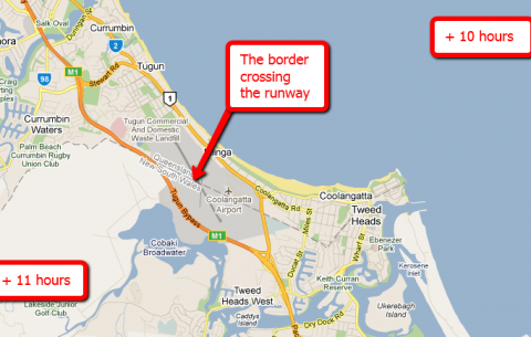 annotated map of coolangatta airport across two timezones