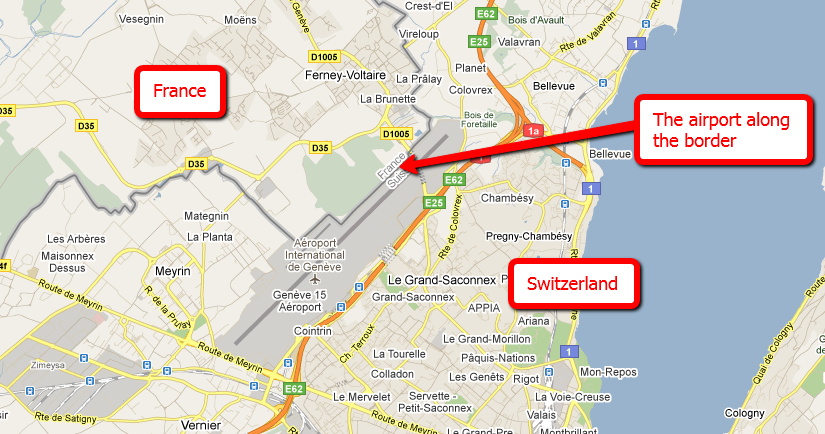 annotated map showing Geneva airport in two countries