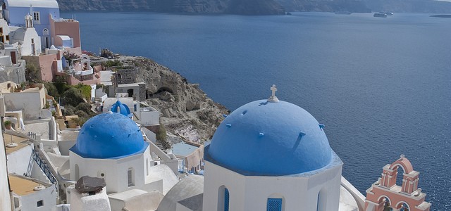 Santorini Oia church rooftops and caldera