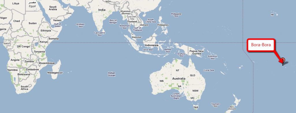 Map showing Bora Bora in relation to New Zealand, Australia and South Africa