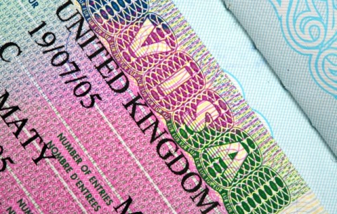 Close-up of UK Visa in passport
