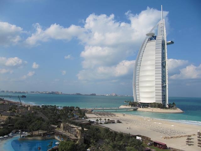 View of the Burj Al Arab from Jumeirah Beach Hotel, Dubai, UAE.
