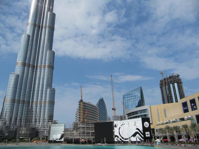 View of the Burj Khalifa from the waterfront promenade outside The Dubai Mall.