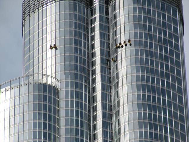 Workers cleaning the Burj Khalifa in Downtown Dubai.