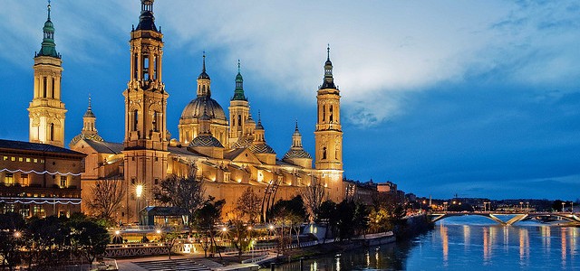Our Lady of Pilar in Zaragoza lit at dusk
