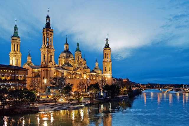 Our Lady of Pilar in Zaragoza lit at dusk