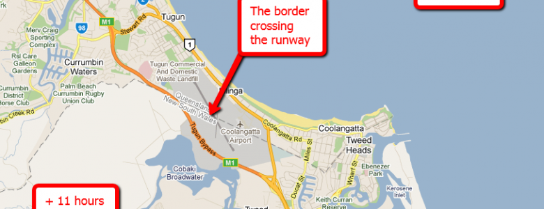 annotated map of coolangatta airport across two timezones