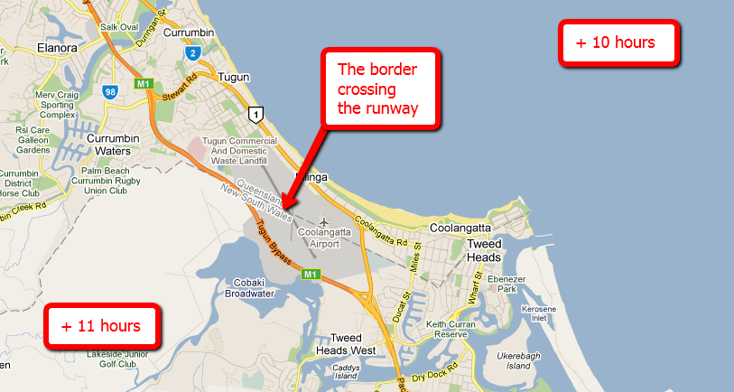 annotated map of coolangatta airport across two timezones