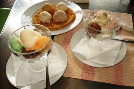 ice cream coupés and ice cream topped waffles at Trieste Café