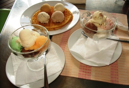 ice cream coupés and ice cream topped waffles at Trieste Café
