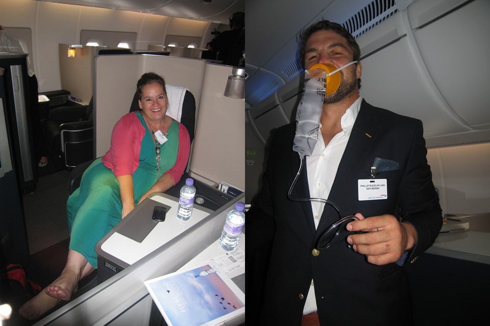 Candice check our First Class (L), while Flip van der Merwe (R) demonstrates inflight safety onboard the A380.