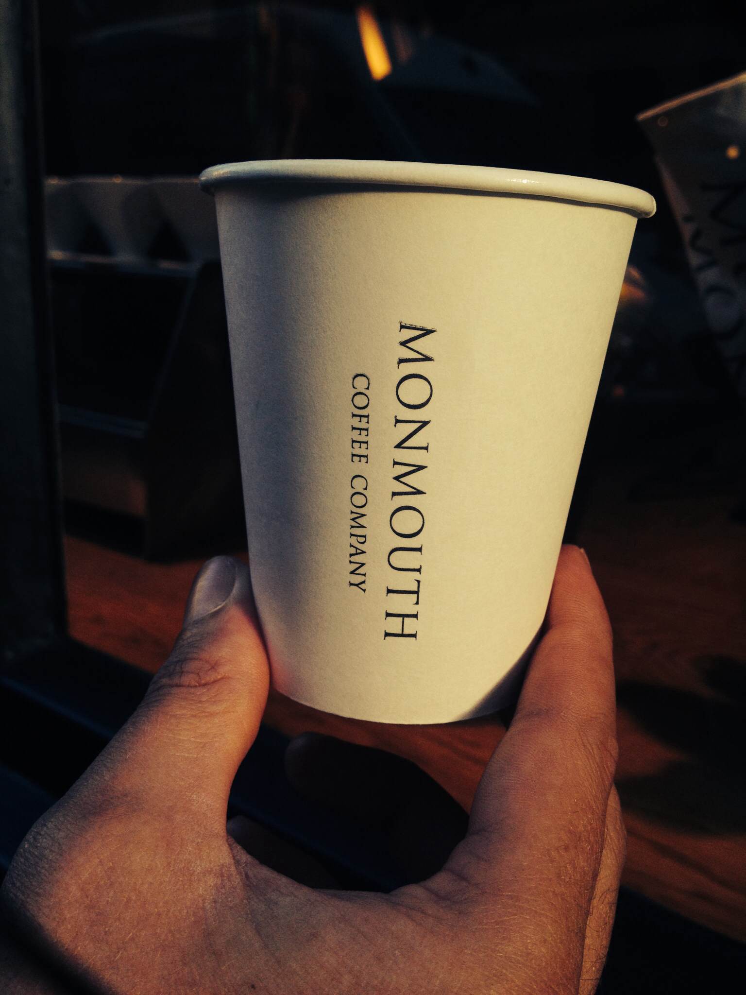 A paper cuppa from the fresh brews at Monmouth Coffee Company in London.