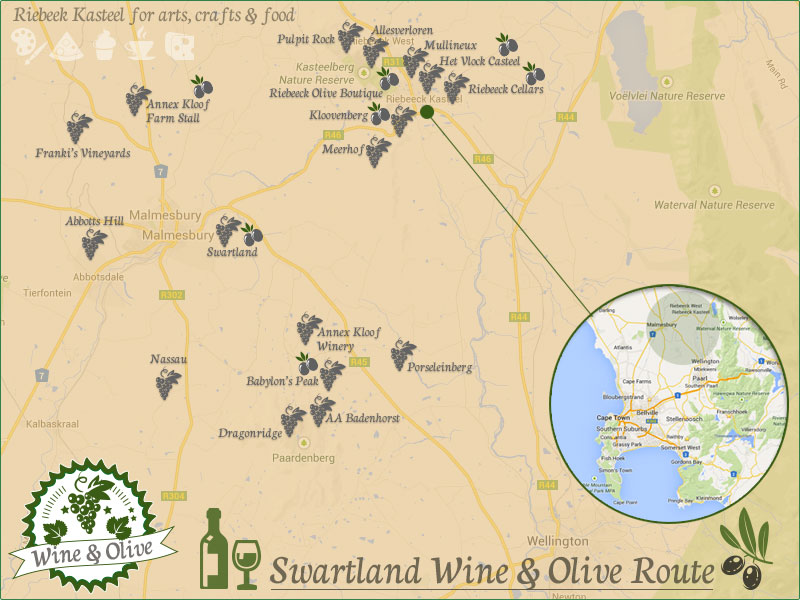 Map of the Swartland wine and olive route.