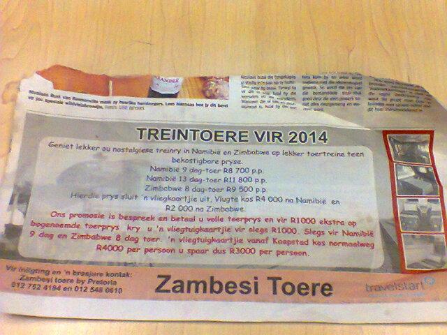 The false 'Zambesi Toere' advertisment that appeared in Die Burger newspaper.