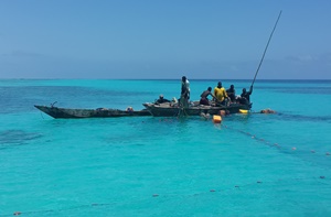 Fishermen enjoy a days work in the clear water around Mnembe Island, Zanzibar.