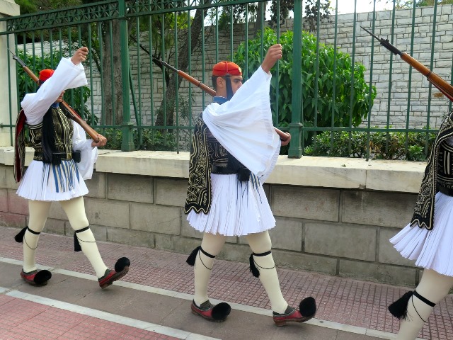 Evzones arriving at Parliament for the changing of the guards.