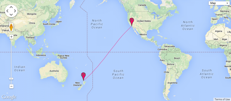 Flight path of Los Angeles to Auckland