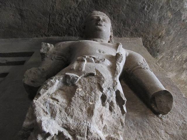 A Hindu sculpture carved into the basalt rock on Elephanta Island near Mumbai.