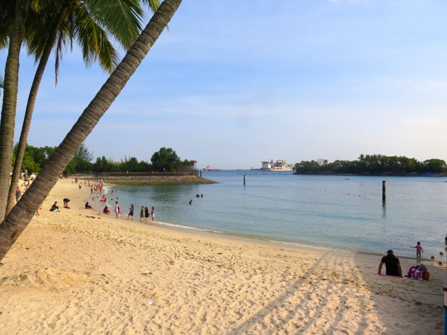 One of the beaches on Sentosa Island, alive in the evening light.