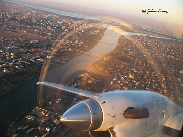 Just after take off from Khartoum, Sudan. On the right hand turn southbound toward Malakal, South Sudan. The river below us is the Nile River (Blue Nile).