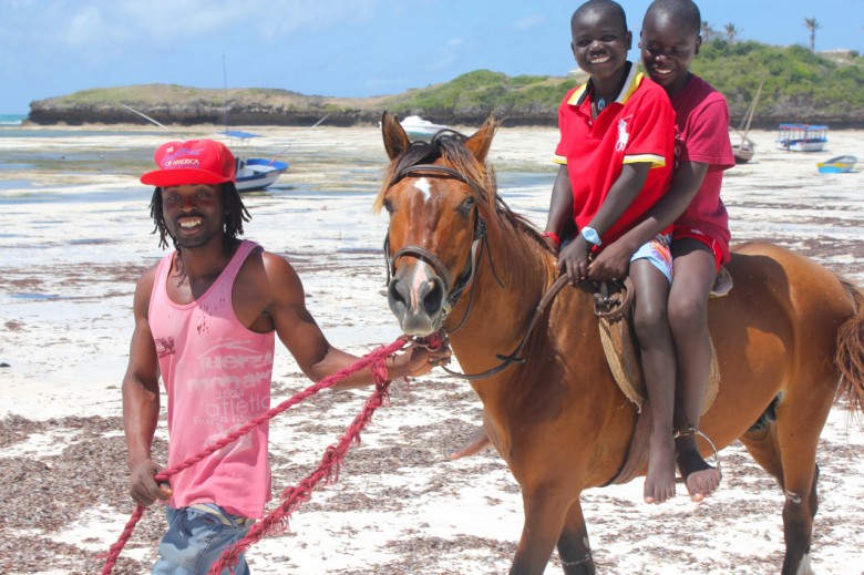 On the beach, a man and his horse pass by.