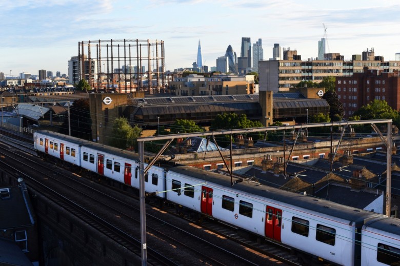 View of ‘The Gerkin’ and other buildings in the commercial district of The City of London, taken from the rooftop of Netil360 in Bethnal Green, East London.