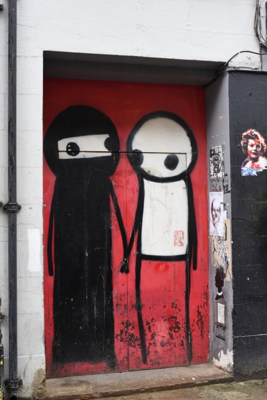 A commissioned piece on Fournier street in an area doted on as ‘Little Bangla’, Hackney. Street Artists Stik’s style is simple but executed skilfully as social commentary.