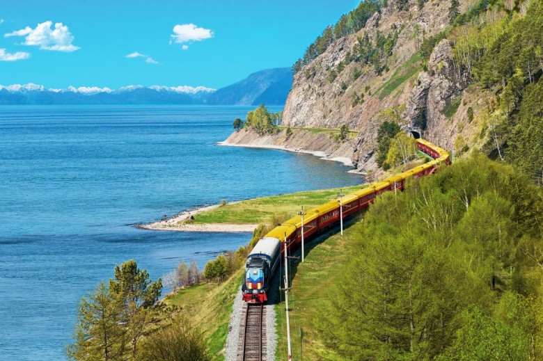 Trans-siberian Railway travelling along Lake Baikal
