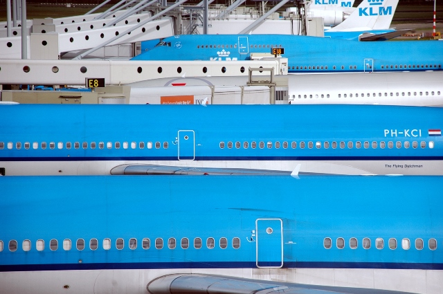 KLM planes parked at Amsterdam Schiphol Airport, The Netherlands.