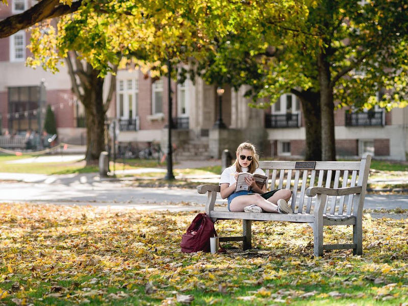student reading on university bench