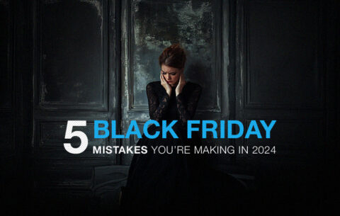 Woman looking worried because of the mistakes she has been making when shopping on black Friday. The text on the image reads: 5 Black Friday Mistakes You're Making in 2024 (and How to Avoid Them)