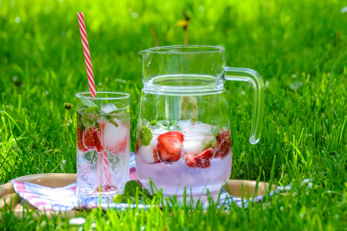 Picnic setup on a grassy field with a glass pitcher and glass filled with a refreshing beverage containing ice cubes, sliced strawberries, and mint leaves. The glass has a red and white striped straw, and both the pitcher and glass are placed on a tray with a red and white checkered cloth. Picnic spots in Pretoria.