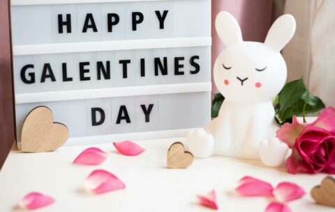 A lightbox sign with 'Happy Galentine's Day' in bold black letters, surrounded by pink rose petals, wooden hearts, and a cute white bunny figurine. This is a blog about the top 7 Galentine's Day Getaways in South Africa in 2025
