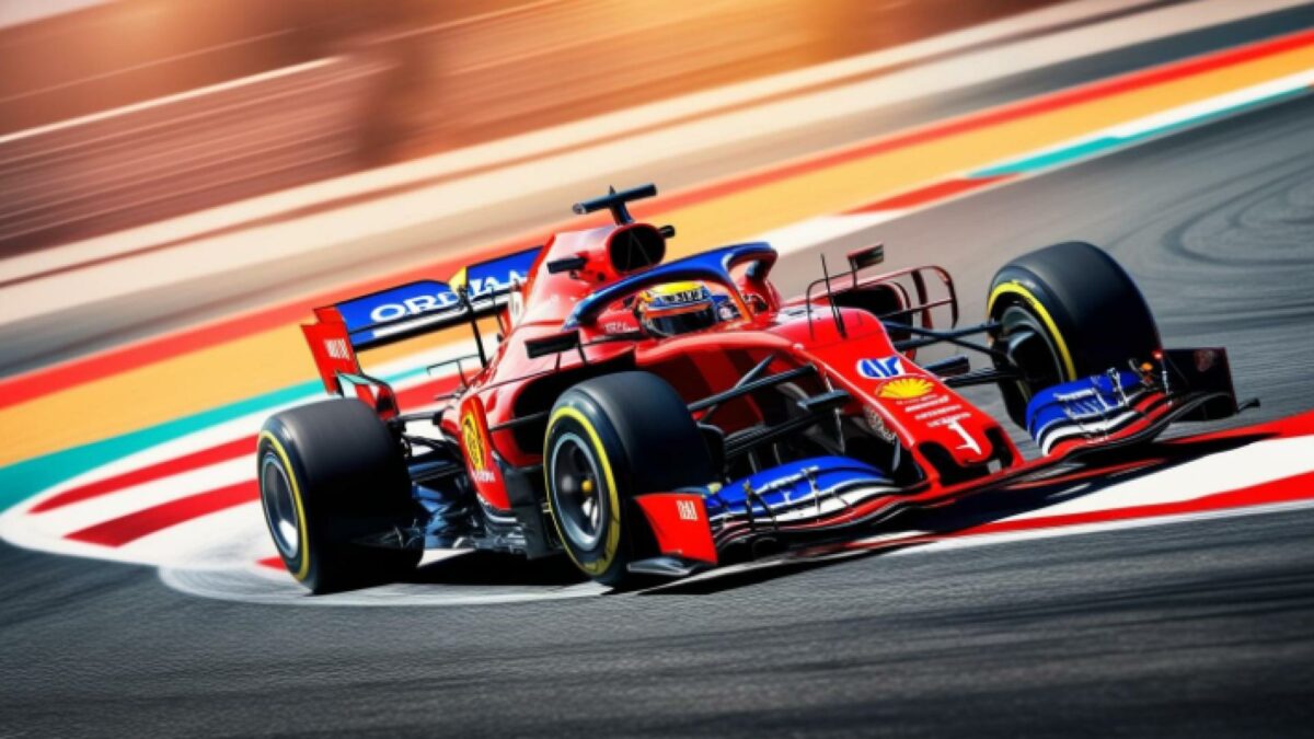 Formula 1 vehicle driving super fast on a race track. F1 in South Africa 2027