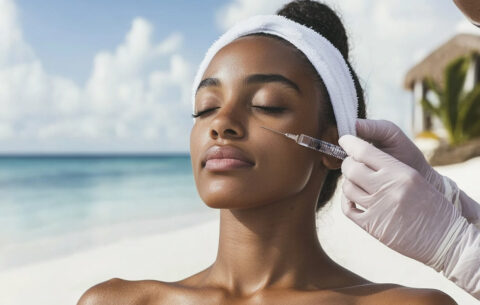 Woman getting botox injections on a beach in one of the top countries for plastic surgery in Asia