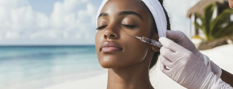 Woman getting botox injections on a beach in one of the top countries for plastic surgery in Asia