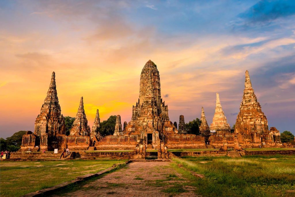 The Wat Chaiwatthanaram temple in Thailand. This is one of the sites to explore wen looking for cheap things to do in Thailand.