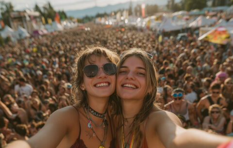 a selfie of 2 beautiful ladies at one of Europe's music festivals. There is a very large crowd behind them