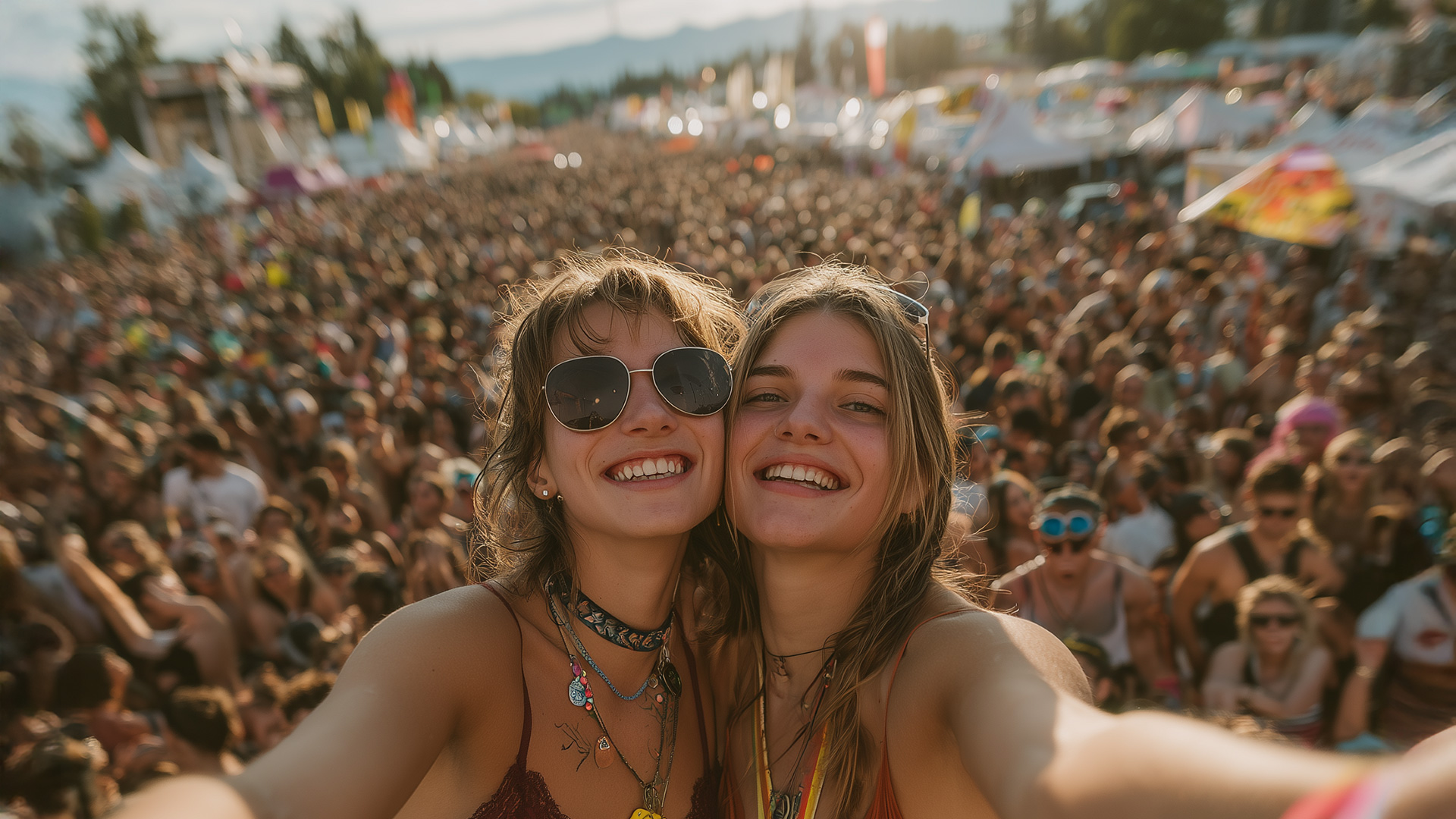 a selfie of 2 beautiful ladies at one of Europe's music festivals. There is a very large crowd behind them