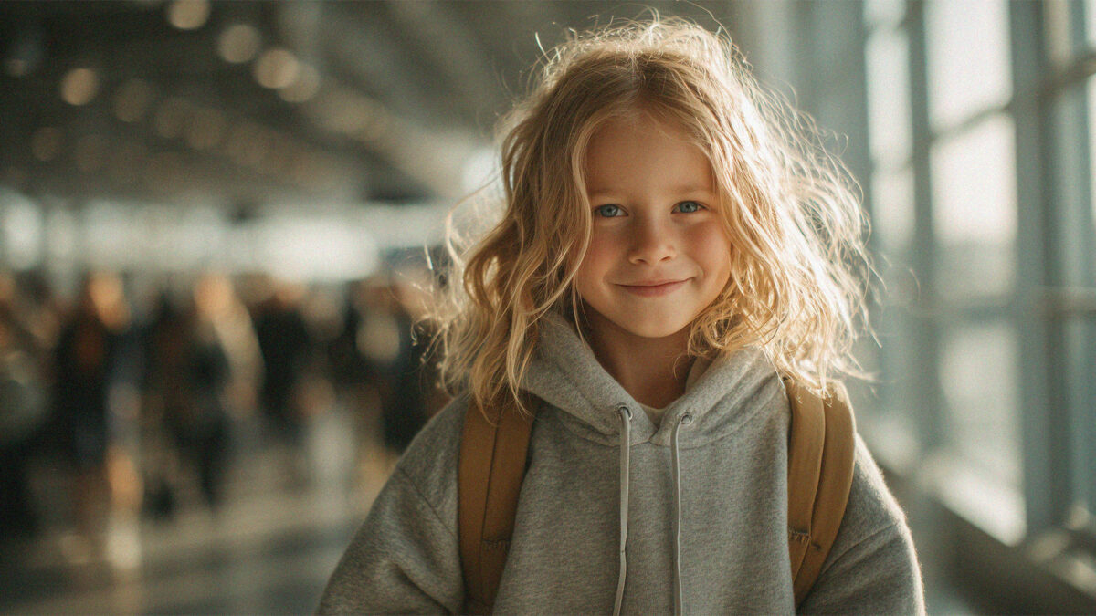 Little girl at an airport alone looking happy and smiling.
