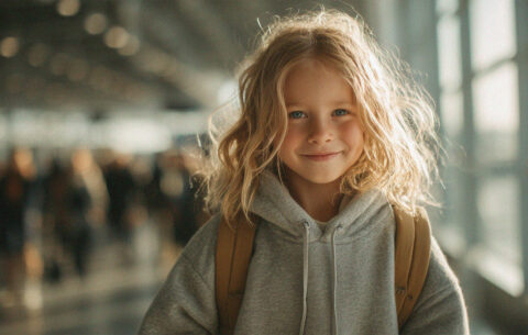 Little girl at an airport alone looking happy and smiling.