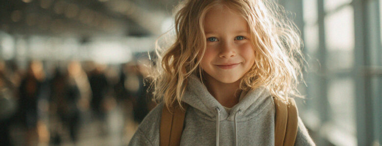 Little girl at an airport alone looking happy and smiling.