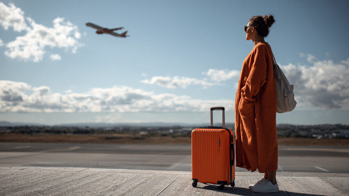 A woman with her luggage watching a plane take off. Missed her flight because of an expiring visa.