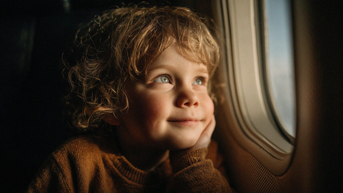 Young boy travelling alone on a plane looking out the airplane window with a smile.