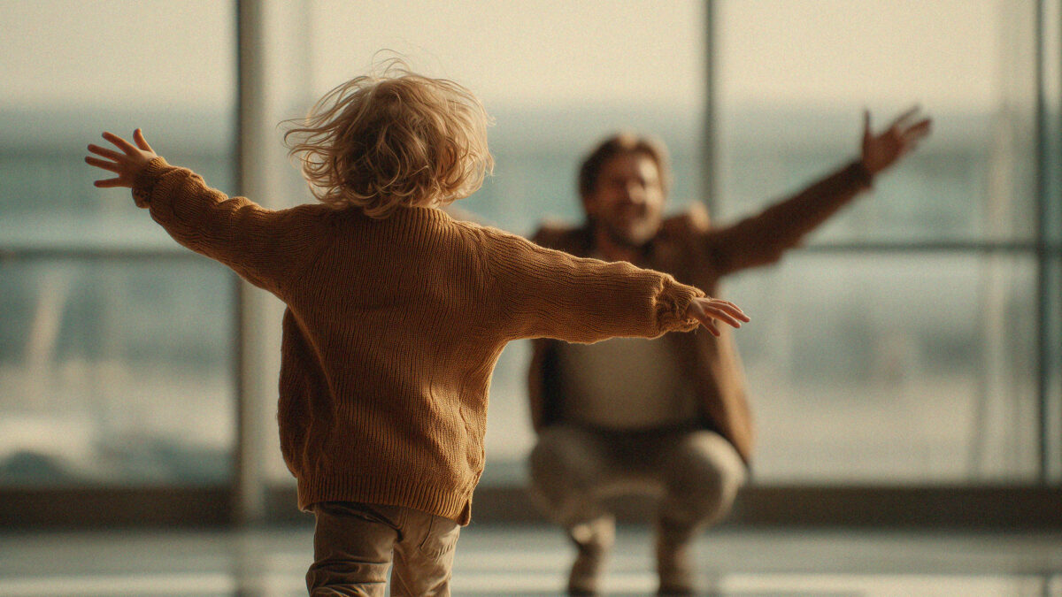 Child running towards his father in an airport after travelling along on an airplane.