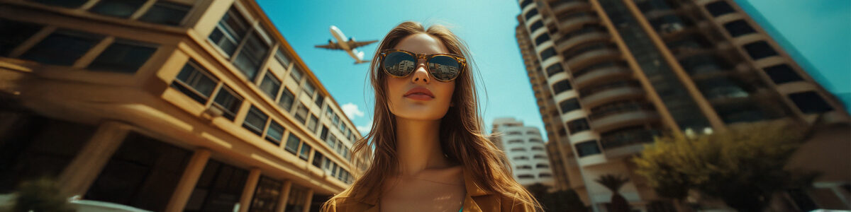 Woman standing in the street with a plane flying overhead. Showing Travelstart is the cheapest platform to book flights in South Africa